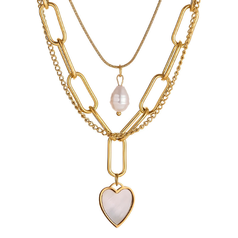 Pearl Heart-shaped Trendy Necklace Popular Titanium Steel Multi-layer Sweater Chain With A Distinctive Elegant Vibe