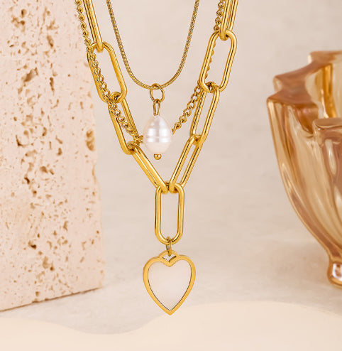 Pearl Heart-shaped Trendy Necklace Popular Titanium Steel Multi-layer Sweater Chain With A Distinctive Elegant Vibe